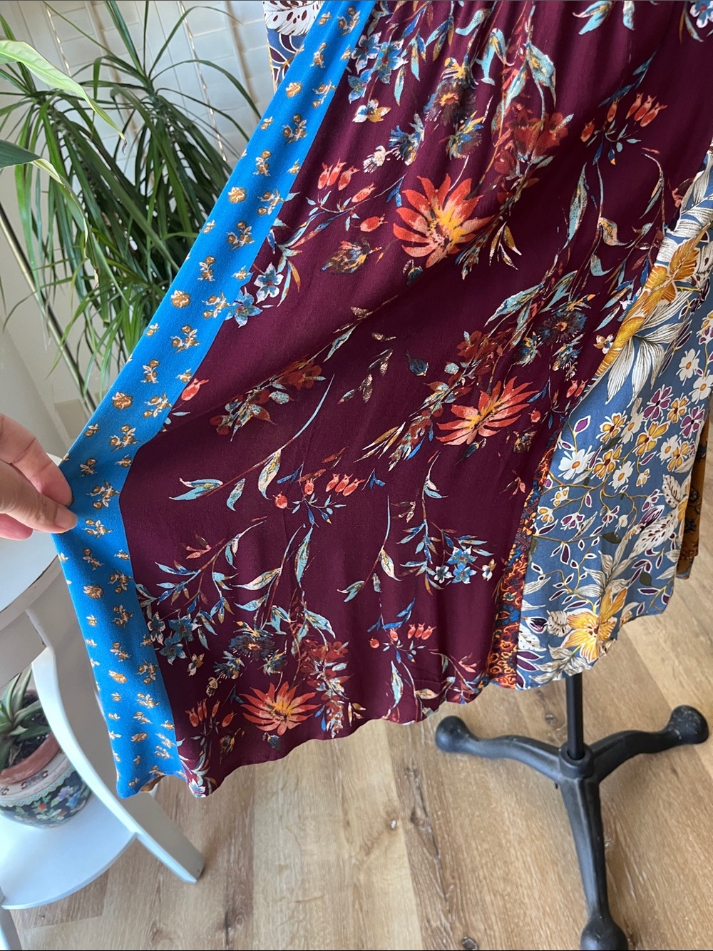 ODDY Boho Patchwork Midi Dress in Mustard, Blue & Burgundy - Picture 6 of 10